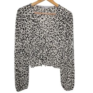 ZARA Wrap Pleated Crinkle Leopard Print V Neck Blouse Black White Size Medium